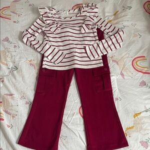 btween Burgundy Striped Ruffle Top and Pants Set